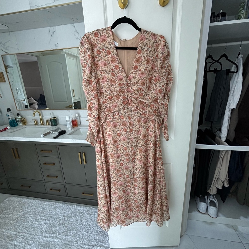 Mango Pink A-Line Dress with Plunge Neckline and Bishop Sleeves